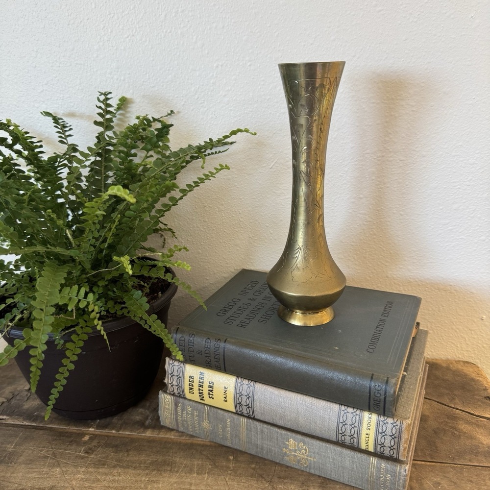 Decorative Vintage Etched‎ Vase Tall Brass Carved Made in India 7.5"